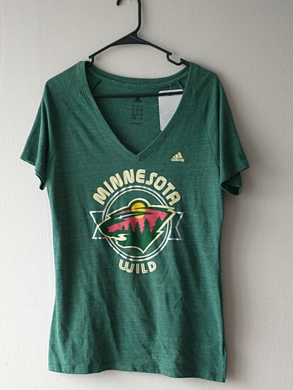adidas Women's Green Minnesota Wild Graphic V-Neck Tee with Yellow Accents